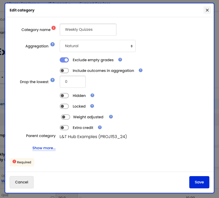 Moodle Gradebook - Gradebook Setup - Edit Category Modal